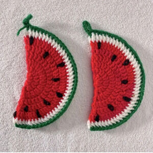 Vintage Handmade Crochet Watermelon Slices Pot Holders Trivets  x2